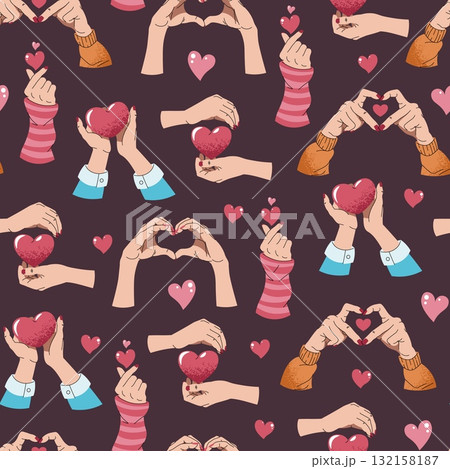 Romantic Valentine Seamless Pattern with Hand Drawn Heart Gestures. Love Theme Background for Gift Wrap, Textile and Relationship Design. Repeat Background for Valentines Day 132158187