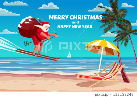 Merry Christmas card, Santa Claus in the swimsuit on the ski flying on the resort tropical 132158249