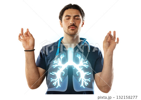 Health professional practices mindfulness while visualizing lung function in a serene setting Health professional practices mindfulness while visualizing lung function in a serene setting 132158277