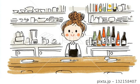 小料理屋のカウンターで微笑む女将のイラスト 132158407