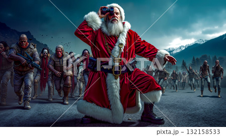 A man dressed as Santa Claus standing in front of a group of zombies A man dressed as Santa Claus standing in front of a group of zombies 132158533