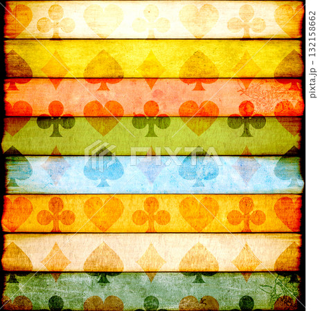Grunge horizontal or vertical background with with playing cards symbols and old paper textures of blue, yellow, green and beige color. Creative backdrop with paper pattern of different colors 132158662