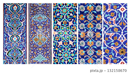 Collection of background with traditional islamic tile decor. Set of vertical or horizontal banners with intricate detail of ancient mosaic walls with floral and geometric ornament 132158670