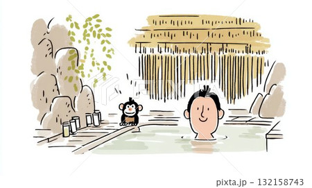 露天風呂で猿と一緒の男性のイラスト 132158743