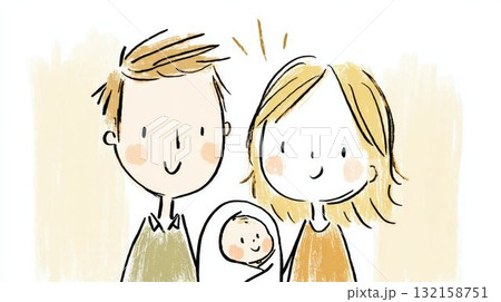 赤ちゃんを抱っこする若い夫婦のイラスト 132158751
