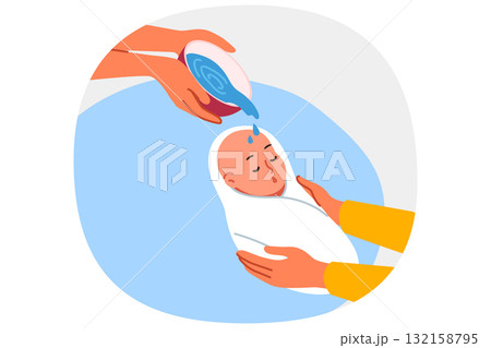 Ritual baptism for infant in christian religion, and use of holy water in church, to protect child 132158795