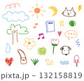 Doodle hand drawn. star, tree, heart, sun, note, cat, dog and music cartoon 132158819
