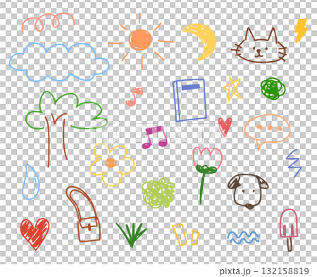 Doodle hand drawn. star, tree, heart, sun, note, cat, dog and music cartoon Doodle hand drawn. star, tree, heart, sun, note, cat, dog and music cartoon 132158819