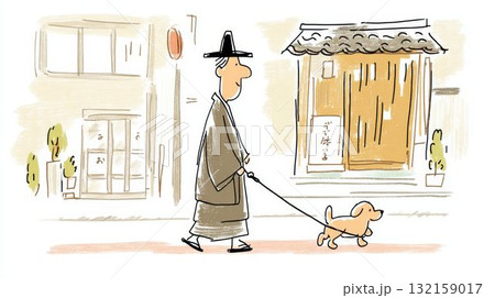 古い町並みを犬と散歩するおじいさんのイラスト素材 132159017
