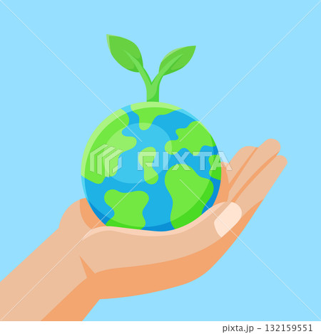 Flat vector illustration Hand Holding Earth with Green Plant Sprout. Save the Planet Illustration 132159551