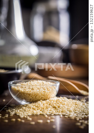 Roasted sesame seeds in bowl on wooden table. 132159627