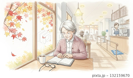 穏やかな秋、カフェで読書を楽しむシニア女性 132159670
