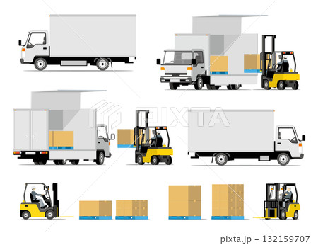 トラックに荷積みするフォークリフトのセット トラックに荷積みするフォークリフトのセット 132159707