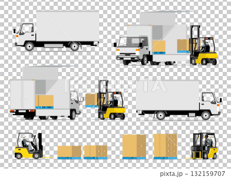 一組堆高機正在將貨物裝載到卡車上 132159707