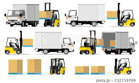 トラックに荷積みするフォークリフトのセット トラックに荷積みするフォークリフトのセット 132159709