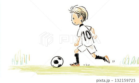 サッカーのドリブル練習をする金髪の男の子のイラスト サッカーのドリブル練習をする金髪の男の子のイラスト 132159725