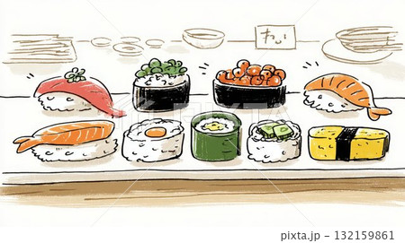 寿司屋のカウンターに並んだお寿司のイラスト 132159861