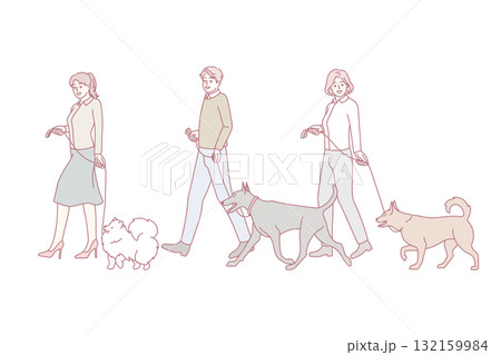 People walking with dogs on leashes People walking with dogs on leashes 132159984