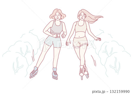 Happy girls riding roller skates outdoors 132159990