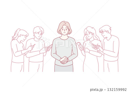 Woman in crowd using smartphones 132159992