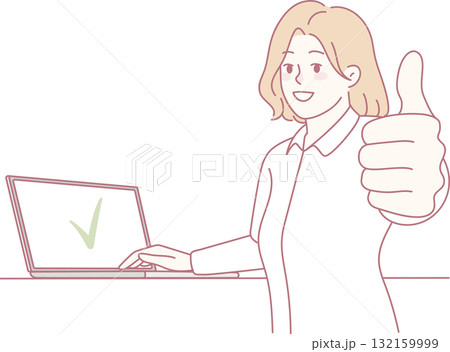 Smiling woman working on laptop showing thumb up 132159999