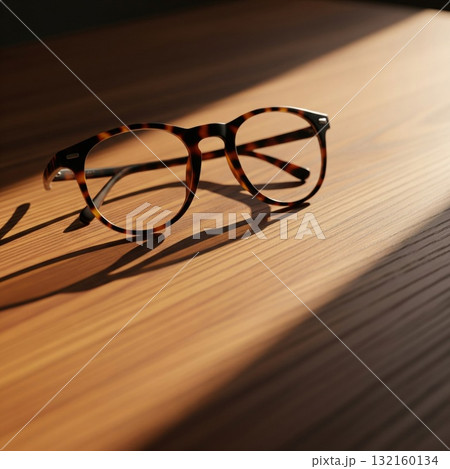 Tortoiseshell Glasses on Wooden Table in Sunlight and Shadow 132160134