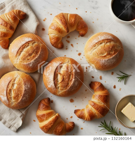 Golden Croissants and Buns with Powdered Sugar Still Life 132160164