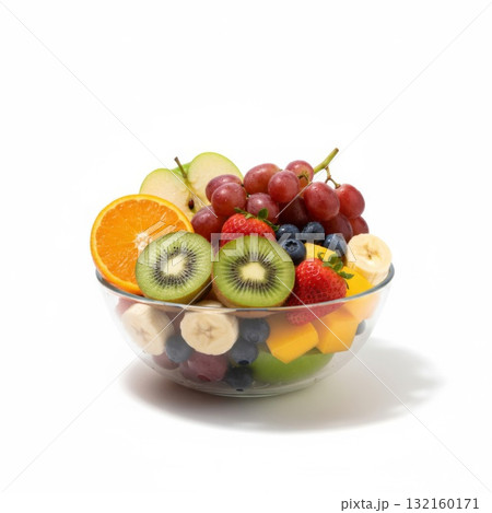 Assorted Fresh Fruits in Glass Bowl on White Surface Still Life 132160171