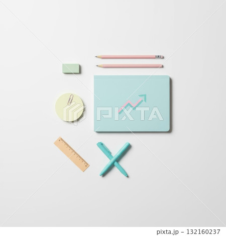 Turquoise Notebook with Pink Arrow Stationery Arranged on White Turquoise Notebook with Pink Arrow Stationery Arranged on White 132160237
