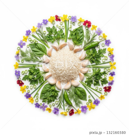 Overhead Arrangement with Rice Garlic and Various Greens on White Overhead Arrangement with Rice Garlic and Various Greens on White 132160380