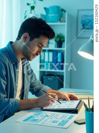 Man Working on Tablet with Web Design Mockups at Desk Man Working on Tablet with Web Design Mockups at Desk 132160429