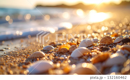 A macro shot of a sparkling beach with wet sand and shells at sunset, with a golden bokeh background. A macro shot of a sparkling beach with wet sand and shells at sunset, with a golden bokeh background. 132160462