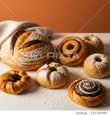 Arrangement of Assorted Baked Goods on a White Surface 132160495