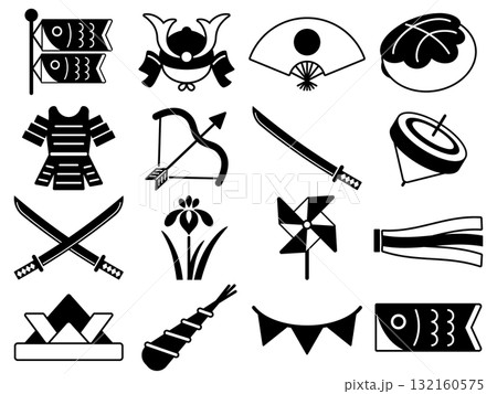 端午の節句のアイコン16種セット モノトーン 端午の節句のアイコン16種セット モノトーン 132160575