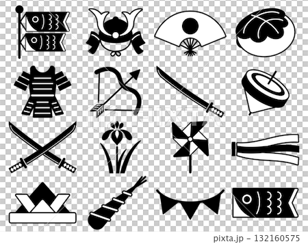 端午の節句のアイコン16種セット モノトーン 端午の節句のアイコン16種セット モノトーン 132160575