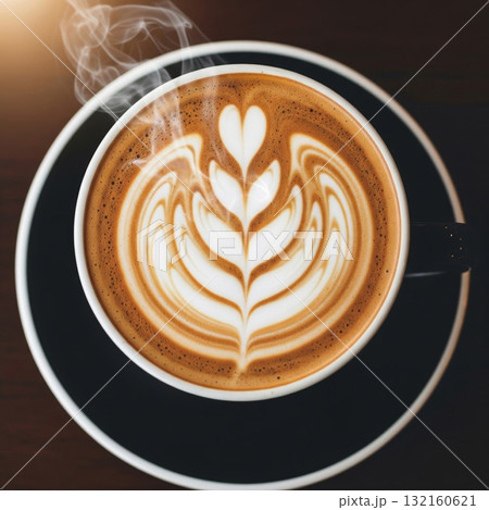 Latte Art in Black Cup On Dark Wood Tabletop Closeup 132160621