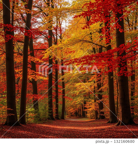 Vibrant Autumn Forest Path with Red and Yellow Leaves Sunlight Vibrant Autumn Forest Path with Red and Yellow Leaves Sunlight 132160680
