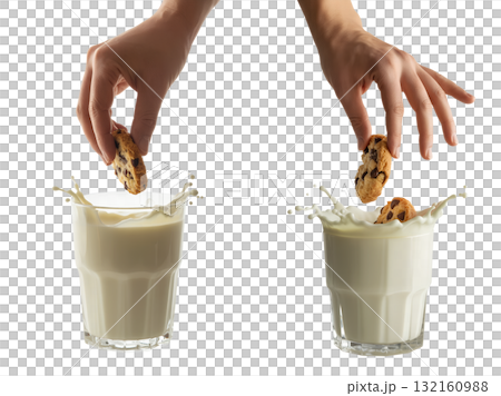 Hand dipping chocolate chip cookie into glass of milk with dynamic splash isolated on transparent background, simple pleasure snack concept Hand dipping chocolate chip cookie into glass of milk with dynamic splash isolated on transparent background, simple pleasure snack concept 132160988