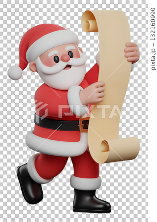 Cheerful 3d santa claus character checking his naughty or nice list on scroll, christmas concept isolated 132160990
