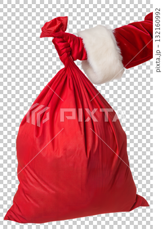 Santa claus's hand holding overflowing red gift sack with presents, magical christmas eve delivery concept isolated Santa claus's hand holding overflowing red gift sack with presents, magical christmas eve delivery concept isolated 132160992