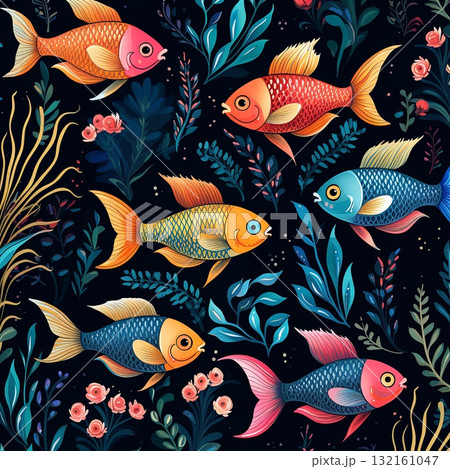 Vibrant Aquatic Life Pattern of Colorful Fish and Lush Seaweed for Textile Design 132161047
