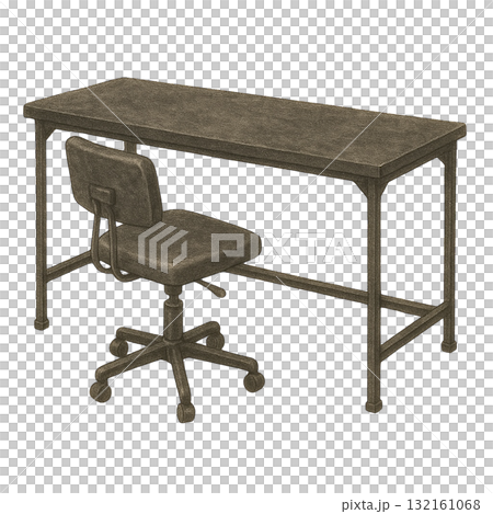 一張長長的黑色桌子和一張帶腳輪的椅子的插圖 132161068