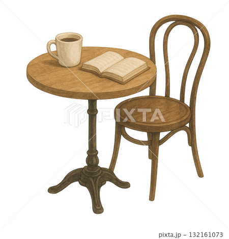 丸いカフェテーブルと椅子のイラスト/コーヒーと本 132161073