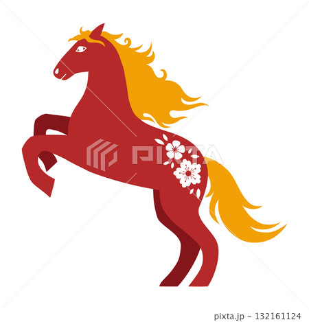 Chinese traditional red rearing horse with flowing yellow mane and flowers. Hand drawn vector illustration. Chinese traditional red rearing horse with flowing yellow mane and flowers. Hand drawn vector illustration. 132161124