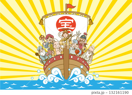七福神の乗った宝船のめでたい年賀状イラスト 七福神の乗った宝船のめでたい年賀状イラスト 132161190