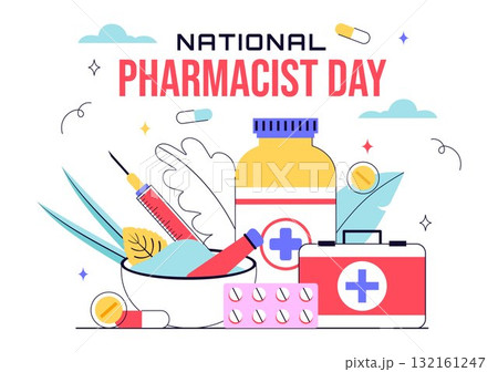 National Pharmacists Day Vector Illustration Featuring a Doctor, Medicine, and Pills in a Healthcare Themed Flat Style Cartoon Background 132161247