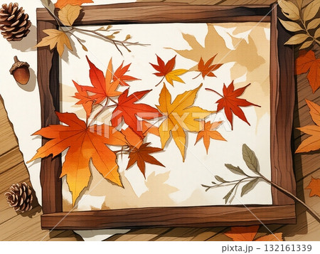 秋のフレームと落ち葉 132161339