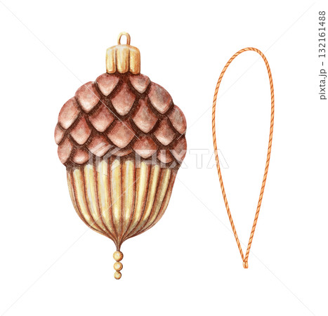 Golden brown acorn with braid. Christmas tree ornament hand drawn in watercolor with sparkling and pencil texture. Whimsical festive design element for holiday card or poster and other seasonal art. Golden brown acorn with braid. Christmas tree ornament hand drawn in watercolor with sparkling and pencil texture. Whimsical festive design element for holiday card or poster and other seasonal art. 132161488