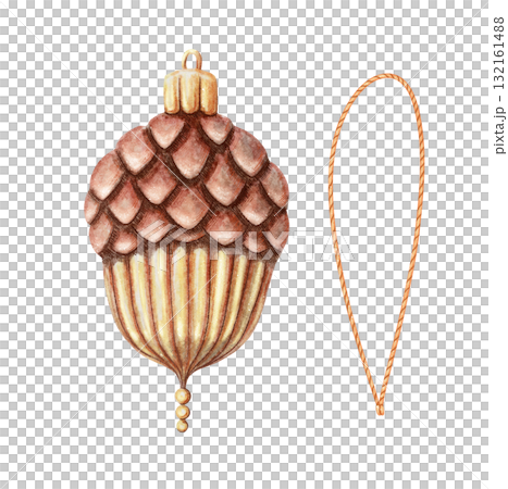 Golden brown acorn with braid. Christmas tree ornament hand drawn in watercolor with sparkling and pencil texture. Whimsical festive design element for holiday card or poster and other seasonal art. Golden brown acorn with braid. Christmas tree ornament hand drawn in watercolor with sparkling and pencil texture. Whimsical festive design element for holiday card or poster and other seasonal art. 132161488