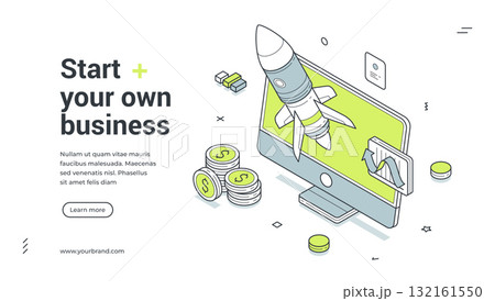 Start your own business startup analyzing isometric web banner design template vector illustration 132161550
